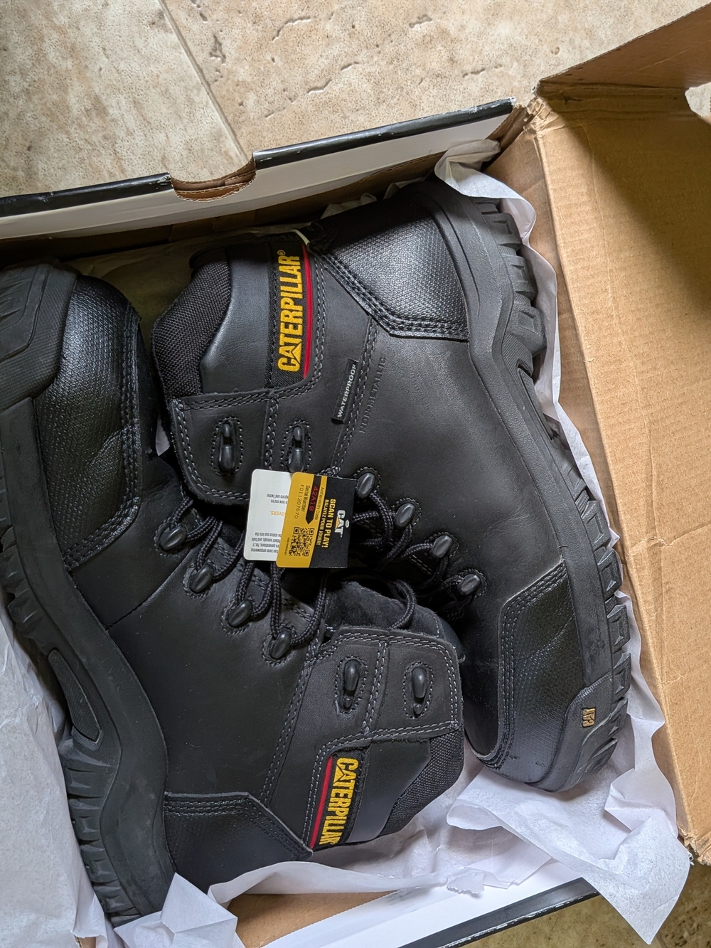 Caterpillar Black Lace-Up Waterproof Work Boots